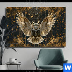 Leinwandbild Eule Inmitten Goldener Blaetter Querformat Produktvorschau mit dem Bild Eule inmitten goldener Blätter im Format Querformat.