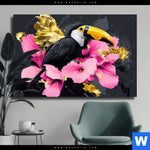 Leinwandbild Exotischer Tukan Mit Blueten Querformat Produktvorschau mit dem Bild Exotischer Tukan mit Blüten im Format Querformat.