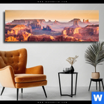 Leinwandbild Felsen Bei Sonnenuntergang Panorama Produktvorschau mit dem Bild Felsen bei Sonnenuntergang im Format Panorama.