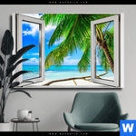 Leinwandbild Fensterblick Karibik Palme Querformat Produktvorschau mit dem Bild Fensterblick Karibik Palme im Format Querformat.