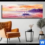 Leinwandbild Gemaelde Mit Boot Im Sonnenuntergang Panorama Produktvorschau mit dem Bild Gemälde mit Boot im Sonnenuntergang im Format Panorama.