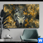 Leinwandbild Goldener Wolfblick Querformat Produktvorschau mit dem Bild Goldener Wolfblick im Format Querformat.