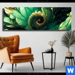 Leinwandbild Gruene Spiralblaetter Panorama Produktvorschau mit dem Bild Grüne Spiralblätter im Format Panorama.