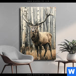 Leinwandbild Hirsch Im Birkenwald Hochformat Produktvorschau mit dem Bild Hirsch im Birkenwald im Format Hochformat.