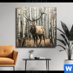 Leinwandbild Hirsch Im Birkenwald Quadrat Produktvorschau mit dem Bild Hirsch im Birkenwald im Format Quadrat.