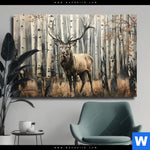 Leinwandbild Hirsch Im Birkenwald Querformat Produktvorschau mit dem Bild Hirsch im Birkenwald im Format Querformat.