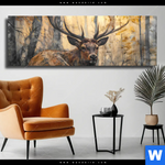 Leinwandbild Hirsch Im Morgenlicht Panorama Produktvorschau mit dem Bild Hirsch im Morgenlicht im Format Panorama.