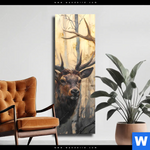 Leinwandbild Hirsch Im Morgenlicht Schmal Produktvorschau mit dem Bild Hirsch im Morgenlicht im Format Schmal.