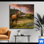 Leinwandbild Hirsch In Gebirgslandschaft Quadrat Produktvorschau mit dem Bild Hirsch in Gebirgslandschaft im Format Quadrat.