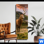 Leinwandbild Hirsch In Gebirgslandschaft Schmal Produktvorschau mit dem Bild Hirsch in Gebirgslandschaft im Format Schmal.