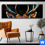 Leinwandbild Hirsch Kopf Panorama Produktvorschau mit dem Bild Hirsch-Kopf im Format Panorama.