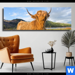 Leinwandbild Hochland Bulle Panorama Produktvorschau mit dem Bild Hochland-Bulle im Format Panorama.