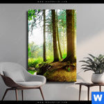 Leinwandbild Idyllischer Wald Bei Sonnenaufgang Hochformat Produktvorschau mit dem Bild Idyllischer Wald bei Sonnenaufgang im Format Hochformat.