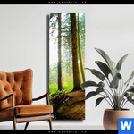 Leinwandbild Idyllischer Wald Bei Sonnenaufgang Schmal Produktvorschau mit dem Bild Idyllischer Wald bei Sonnenaufgang im Format Schmal.