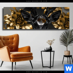 Leinwandbild Junger Hirsch Und Goldblumen Panorama Produktvorschau mit dem Bild Junger Hirsch und Goldblumen im Format Panorama.