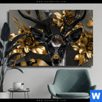 Leinwandbild Junger Hirsch Und Goldblumen Querformat Produktvorschau mit dem Bild Junger Hirsch und Goldblumen im Format Querformat.