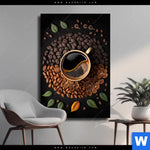 Leinwandbild Kaffee Mit Blattdekoration Hochformat Produktvorschau mit dem Bild Kaffee mit Blattdekoration im Format Hochformat.
