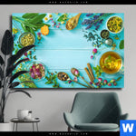 Leinwandbild Kraeuter Auf Blauem Holztisch Querformat Produktvorschau mit dem Bild Kräuter auf blauem Holztisch im Format Querformat.
