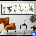 Leinwandbild Kraeuter In Flaschen Panorama Produktvorschau mit dem Bild Kräuter in Flaschen im Format Panorama.