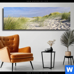 Leinwandbild Kuestenwanderung Durch Sandduenen Panorama Produktvorschau mit dem Bild Küstenwanderung durch Sanddünen im Format Panorama.
