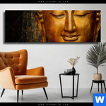 Leinwandbild Laechelnder Buddha In Gold Panorama Produktvorschau mit dem Bild Lächelnder Buddha in Gold im Format Panorama.