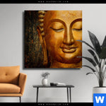 Leinwandbild Laechelnder Buddha In Gold Quadrat Produktvorschau mit dem Bild Lächelnder Buddha in Gold im Format Quadrat.
