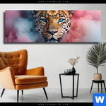 Leinwandbild Leopard Im Farbnebel Panorama Produktvorschau mit dem Bild Leopard im Farbnebel im Format Panorama.