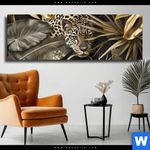 Leinwandbild Leopard In Goldener Tarnung Panorama Produktvorschau mit dem Bild Leopard in goldener Tarnung im Format Panorama.