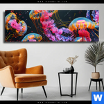 Leinwandbild Leuchtende Quallen Unter Wasser Panorama Produktvorschau mit dem Bild Leuchtende Quallen unter Wasser im Format Panorama.