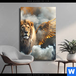 Leinwandbild Loewe Mit Goldenen Fluegeln Hochformat Produktvorschau mit dem Bild Löwe mit goldenen Flügeln im Format Hochformat.