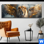 Leinwandbild Loewe Mit Goldenen Fluegeln Panorama Produktvorschau mit dem Bild Löwe mit goldenen Flügeln im Format Panorama.