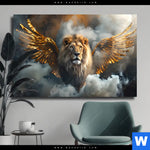 Leinwandbild Loewe Mit Goldenen Fluegeln Querformat Produktvorschau mit dem Bild Löwe mit goldenen Flügeln im Format Querformat.