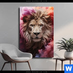 Leinwandbild Loewengesicht In Buntem Rauch Hochformat Produktvorschau mit dem Bild Löwengesicht in buntem Rauch im Format Hochformat.