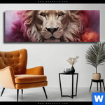 Leinwandbild Loewengesicht In Buntem Rauch Panorama Produktvorschau mit dem Bild Löwengesicht in buntem Rauch im Format Panorama.