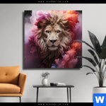 Leinwandbild Loewengesicht In Buntem Rauch Quadrat Produktvorschau mit dem Bild Löwengesicht in buntem Rauch im Format Quadrat.
