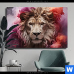Leinwandbild Loewengesicht In Buntem Rauch Querformat Produktvorschau mit dem Bild Löwengesicht in buntem Rauch im Format Querformat.