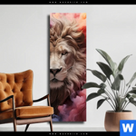 Leinwandbild Loewengesicht In Buntem Rauch Schmal Produktvorschau mit dem Bild Löwengesicht in buntem Rauch im Format Schmal.