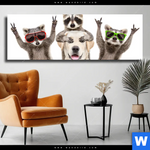 Leinwandbild Lustige Waschbaeren Mit Hund Panorama Produktvorschau mit dem Bild Lustige Waschbären mit Hund im Format Panorama.