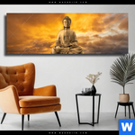 Leinwandbild Meditierender Buddha Am See Panorama Produktvorschau mit dem Bild Meditierender Buddha am See im Format Panorama.