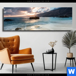 Leinwandbild Meeresrauschen Bei Sonnenuntergang Panorama Produktvorschau mit dem Bild Meeresrauschen bei Sonnenuntergang im Format Panorama.