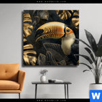 Leinwandbild Monstera Und Tukan Gold Quadrat Produktvorschau mit dem Bild Monstera und Tukan Gold im Format Quadrat.