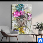 Leinwandbild Mops Blumen Hochformat Produktvorschau mit dem Bild Mops & Blumen im Format Hochformat.