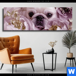 Leinwandbild Mops Im Bluetenmeer Panorama Produktvorschau mit dem Bild Mops im Blütenmeer im Format Panorama.