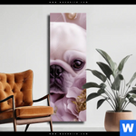 Leinwandbild Mops Im Bluetenmeer Schmal Produktvorschau mit dem Bild Mops im Blütenmeer im Format Schmal.