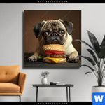 Leinwandbild Mops Mit Cheeseburger Quadrat Produktvorschau mit dem Bild Mops mit Cheeseburger im Format Quadrat.