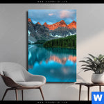 Leinwandbild Moraenensee Sonnenaufgang Hochformat Produktvorschau mit dem Bild Moränensee Sonnenaufgang im Format Hochformat.