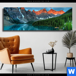 Leinwandbild Moraenensee Sonnenaufgang Panorama Produktvorschau mit dem Bild Moränensee Sonnenaufgang im Format Panorama.