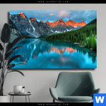 Leinwandbild Moraenensee Sonnenaufgang Querformat Produktvorschau mit dem Bild Moränensee Sonnenaufgang im Format Querformat.