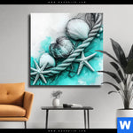 Leinwandbild Muscheln Meereszauber In Tuerkis Quadrat Produktvorschau mit dem Bild Muscheln-Meereszauber in Türkis im Format Quadrat.