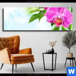 Leinwandbild Orchidee Wassertropfen Panorama Produktvorschau mit dem Bild Orchidee & Wassertropfen im Format Panorama.